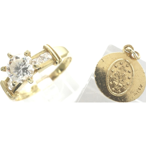 4 - 14ct gold solitaire ring, size V/W, and a 14ct gold miniature religious pendant, D: 11 mm, combined ... 