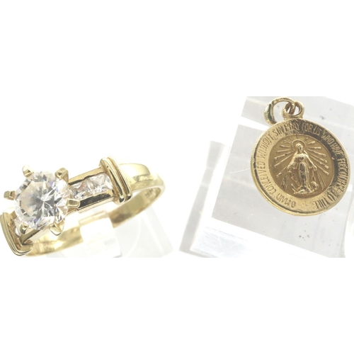 4 - 14ct gold solitaire ring, size V/W, and a 14ct gold miniature religious pendant, D: 11 mm, combined ... 