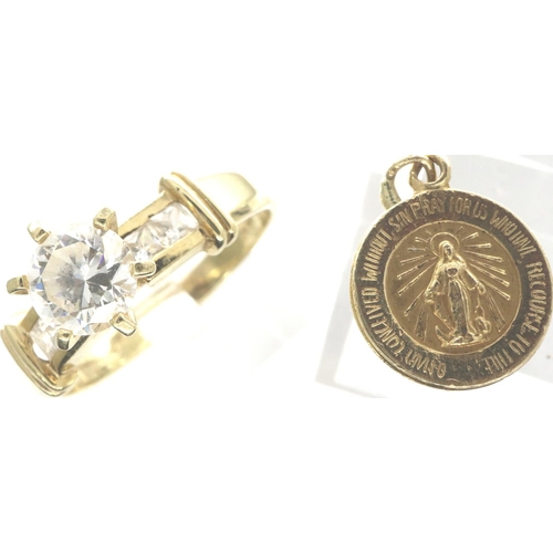 4 - 14ct gold solitaire ring, size V/W, and a 14ct gold miniature religious pendant, D: 11 mm, combined ... 