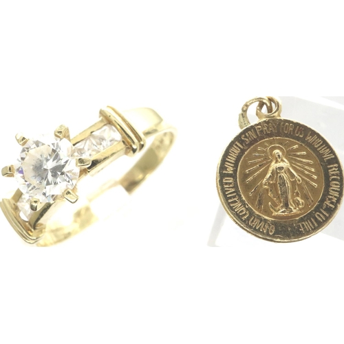 4 - 14ct gold solitaire ring, size V/W, and a 14ct gold miniature religious pendant, D: 11 mm, combined ... 