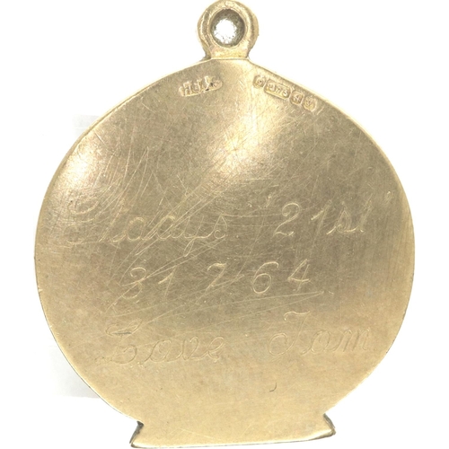 52 - 9ct gold pendant inscribed verso, Gladys 21st 31.7.64 Love Tom, 8.8g, H: 30 mm. P&P Group 1 (£14+VAT... 