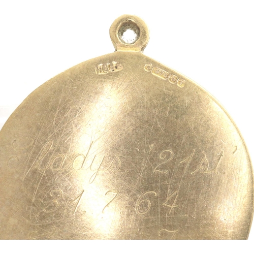 52 - 9ct gold pendant inscribed verso, Gladys 21st 31.7.64 Love Tom, 8.8g, H: 30 mm. P&P Group 1 (£14+VAT... 