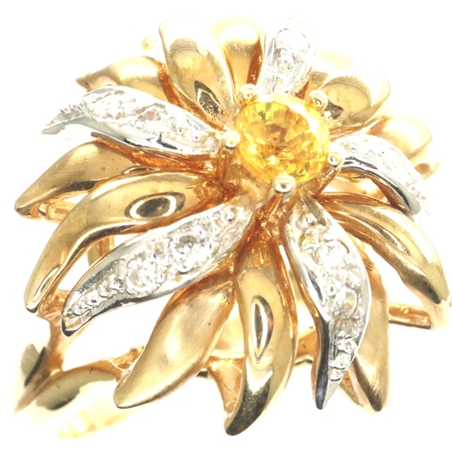 83 - Franklin Mint Faberge jewelled sunflower ring set with diamonds and a yellow sapphire in 14ct yellow... 