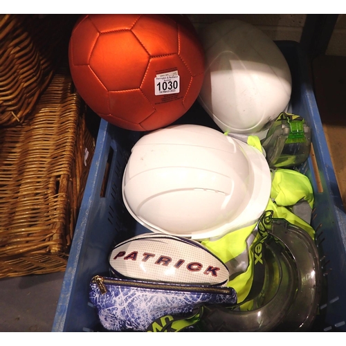 1030 - Box of mixed items to include football, rugby ball etc. Not available for in-house P&P