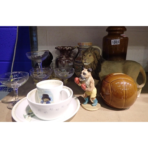 1065 - Mixed glass and ceramics including West German vase and Babycham glasses. Not available for in-house... 