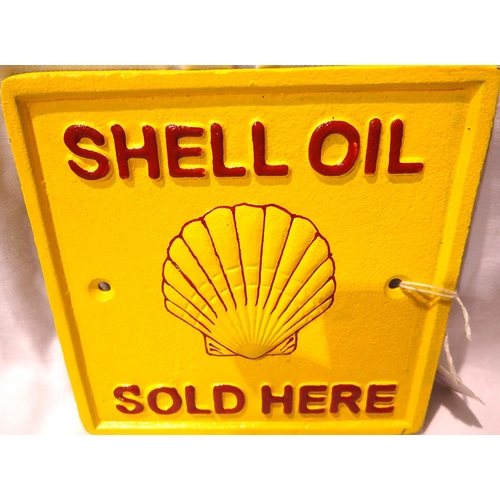 1068 - Cast iron Shell Oil Sold Here plaque, W: 15 cm. P&P Group 1 (£14+VAT for the first lot and £1+VAT fo... 