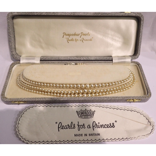 1113 - Cased Pompadour triple row pearl necklace. P&P Group 1 (£14+VAT for the first lot and £1+VAT for sub... 