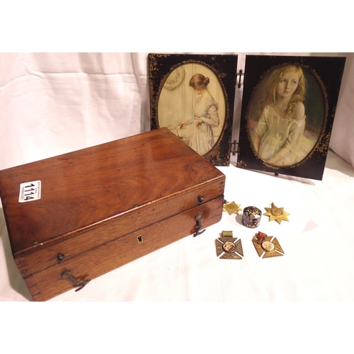 1114 - Walnut box containing mixed items to include a miniature enamelled silver pot. P&P Group 1 (£14+VAT ... 