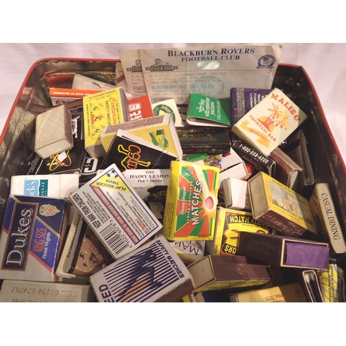 1122 - Tin of mixed vintage match boxes and selection of 1990s Blackburn Rovers Football stubs. P&P Group 1... 