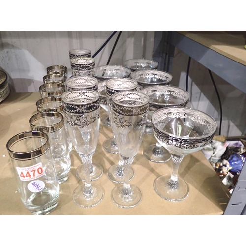 1172 - Three sets of six silvered glassware, including champagne flutes and saucers. Not available for in-h... 