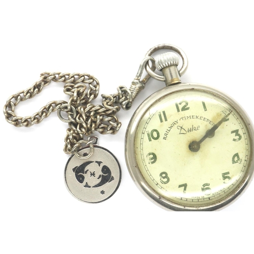 103 - Duke Railway timekeeper pocket watch and chain, working at lotting. P&P Group 1 (£14+VAT for the fir... 