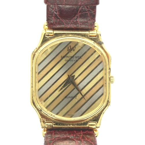 106 - Raymond Weil Geneve 18ct gold plated wristwatch on a maroon leather strap, requires battery. P&P Gro... 