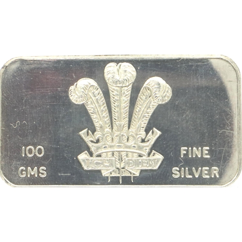 112 - Hallmarked silver 999 grade bar bearing the emblem of HRH Prince of Wales, struck to commemorate the... 