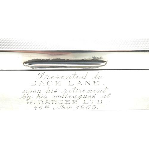 128 - Alexander Clark Co, hallmarked silver cigarette card case, 16 x 10 x 4 cm, inscription to Jack Lane ... 