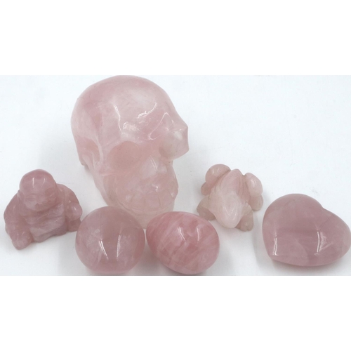 182 - Carved rose quartz specimens, including a skull, buddha, frog etc (6). P&P Group 2 (£18+VAT for the ... 