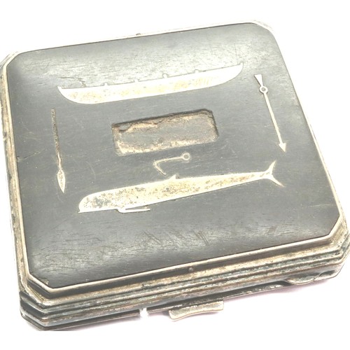 120 - Hallmarked silver card/cigarette case with hardwood front with whaling design, Birmingham assay, 9 x... 