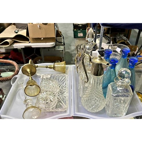 1086 - Two trays of decorative glass including decanters, candle holders etc. Not available for in-house P&... 