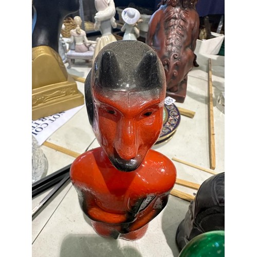 1351 - Six spirit decanters in the forms of devils, Buddha etc. Minor losses to poison bottle, others appea... 