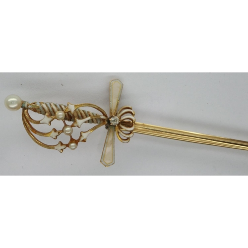 15 - 14ct gold enamelled sword form brooch, set with a diamond and seed pearls, L: 10 cm, 5.0g. P&P Group... 