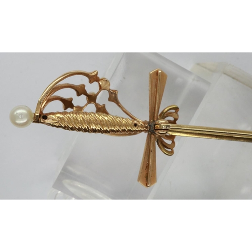 15 - 14ct gold enamelled sword form brooch, set with a diamond and seed pearls, L: 10 cm, 5.0g. P&P Group... 