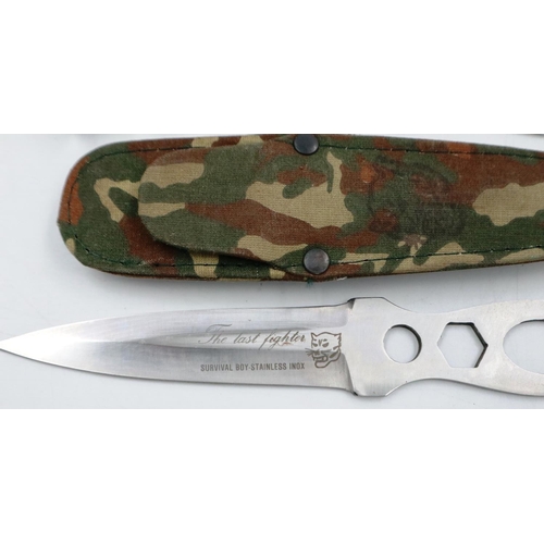 2027 - Modern hunting knife in a camouflage sheath, with a throwing knife by Survival Boy and another (3). ... 