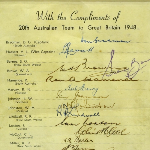 2038 - 1948 Australian Cricket Tourists signed team sheet, Bradman Captain. Excluding frame: P&P Group 1 (£... 