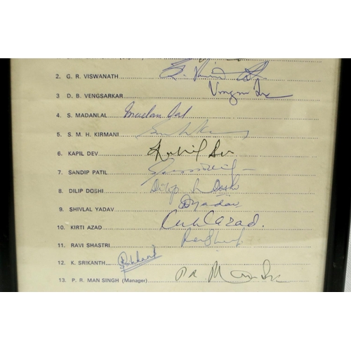 2041 - 1981 Indian Cricket Team third test Delhi signed team sheet. Excluding frame: P&P Group 1 (£14+VAT f... 