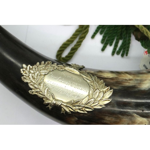 2142 - 1902 dated Light Infantry horn, with hallmarked silver mount, dedicated to Lt Col Harris, 5th Bengal... 