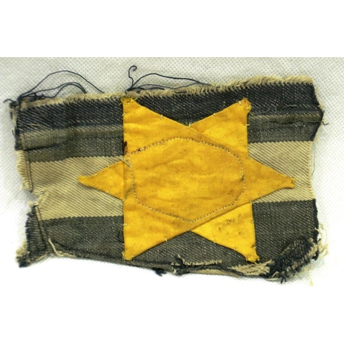 2197 - Third Reich period handmade Jewish Star fabric badge stitched to prison camp cloth fragment. P&P Gro... 