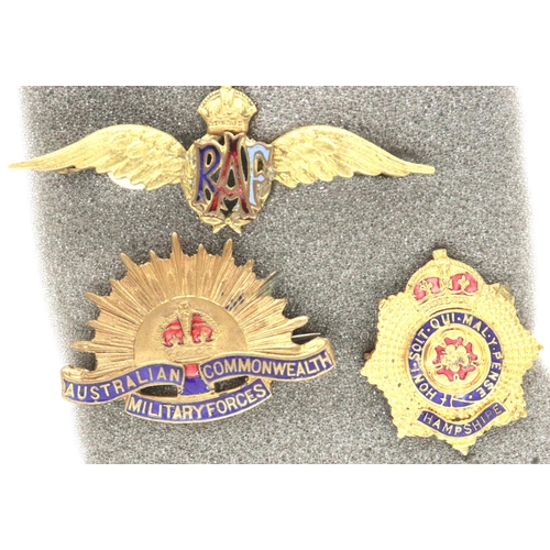 2291 - Three WWII enamelled sweethearts, RAF, Hampshire Regiment and Australian Commonwealth Military Force... 