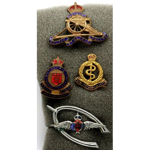 2302 - Four enamelled WWII sweetheart badges, Royal Artillery, RAOC, RAMC and RAF. P&P Group 1 (£14+VAT for... 