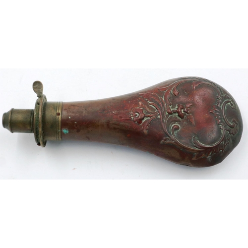 2207F - An 18th century brass mounted copper powder flask with relief decoration. P&P Group 1 (£14+VAT for t... 