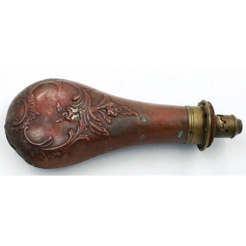 2207F - An 18th century brass mounted copper powder flask with relief decoration. P&P Group 1 (£14+VAT for t... 