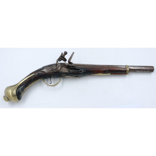 2208 - An 18th century flintlock pistol, barrel named but indistinct. P&P Group 2 (£18+VAT for the first lo... 