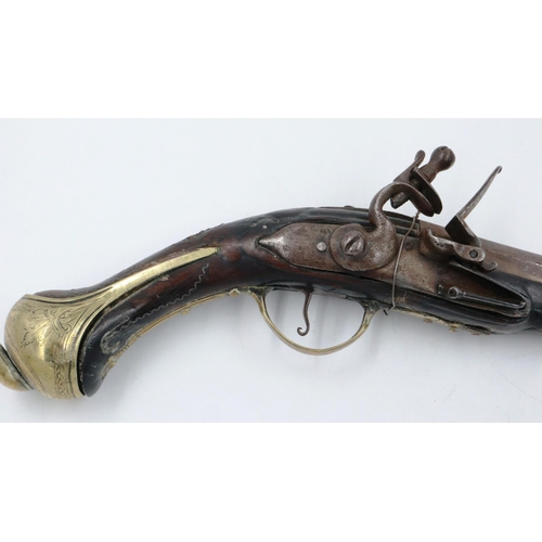 2208 - An 18th century flintlock pistol, barrel named but indistinct. P&P Group 2 (£18+VAT for the first lo... 