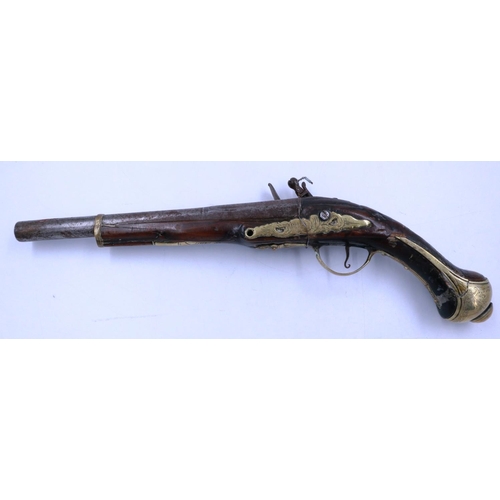 2208 - An 18th century flintlock pistol, barrel named but indistinct. P&P Group 2 (£18+VAT for the first lo... 