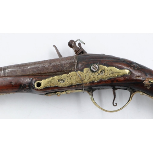 2208 - An 18th century flintlock pistol, barrel named but indistinct. P&P Group 2 (£18+VAT for the first lo... 