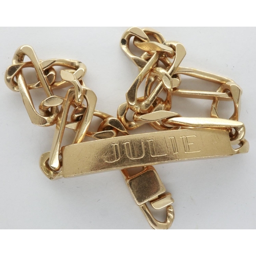 17 - Presumed 9ct gold identity bracelet, inscribed Julie, L: 21 cm, 16.1g. P&P Group 1 (£14+VAT for the ... 