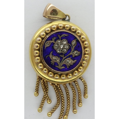 18 - Victorian 18ct gold forget-me-not pendant, circular, enamelled in blue and set with old-cut diamonds... 