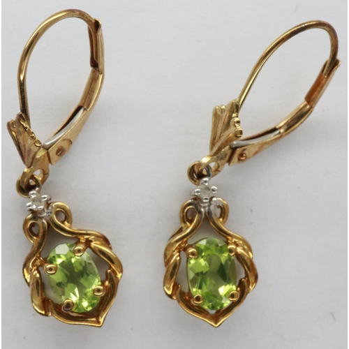 19 - Pair of 10ct gold diamond and emerald drop earrings, drop H: 30 mm, combined 1.8g. P&P Group 1 (£14+... 