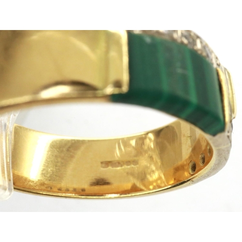 21 - Asymmetric 18ct gold diamond set ring set with malachite and onyx, size Q, 7.8g. P&P Group 1 (£14+VA... 