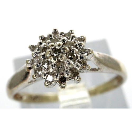 9 - 9ct white gold diamond cluster ring, size K, 1.5g. P&P Group 1 (£14+VAT for the first lot and £1+VAT... 