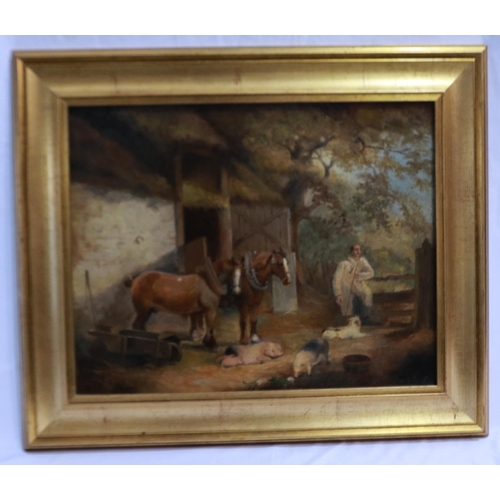 2025 - A 19th century unattributed oil on board, farmyard scene with horses, pigs and farmhand, unsigned, 4... 