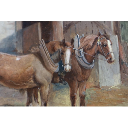 2025 - A 19th century unattributed oil on board, farmyard scene with horses, pigs and farmhand, unsigned, 4... 