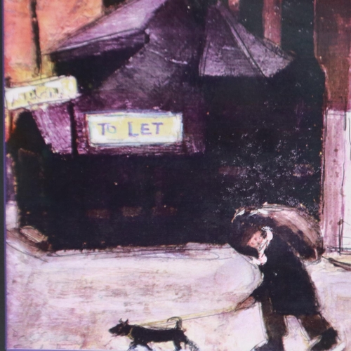 2031 - Harold Riley (b 1934): hand finished print, man walking his dog, 37 x 27 cm, unsigned. Not available... 