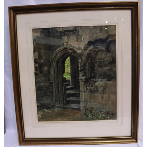 2032 - George Alfred Boden (1888-1956): oil on board, architectural ruins, 37 x 43 cm, RBA label dated 1947... 