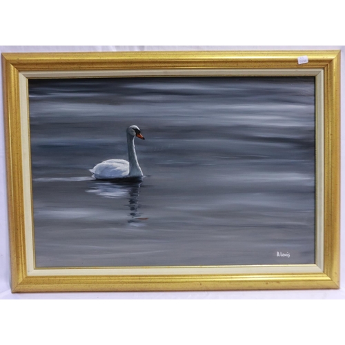 2036 - Alan Lewis (B. 1944): oil on board, a lone swan on still water, 75 x 50 cm. P&P Group 3 (£25+VAT for... 