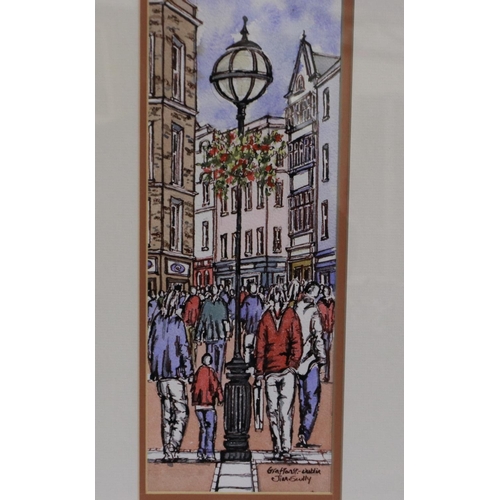 2037 - Jim Scully (contemporary): ink and watercolour, Grafton Street Dublin, 12 x 35 cm. Not available for... 