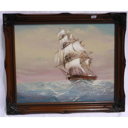 2046 - Attributed to T Bailey (20th century): oil on canvas, Masted Ship at Sea, 50 x 39 cm. P&P Group 3 (£... 