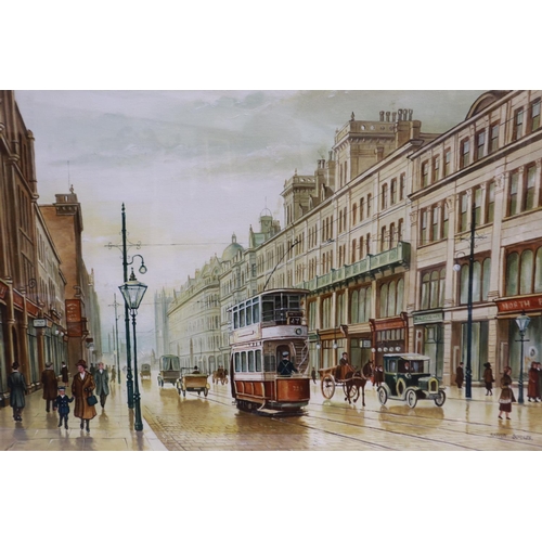 2049 - Stephen Scholes (B. 1952): oil on board, Deansgate Manchester, 74 x 49 cm. Not available for in-hous... 